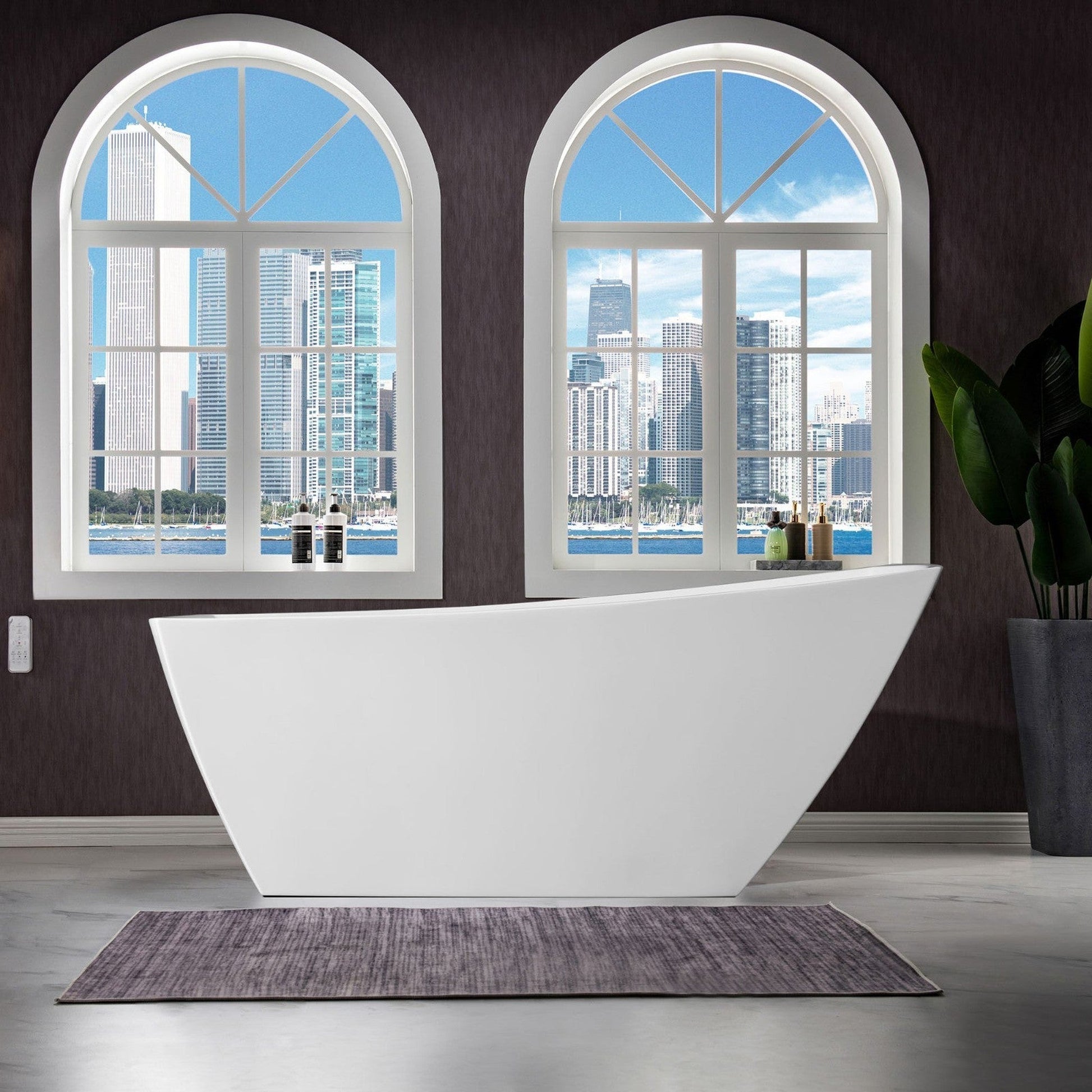 WoodBridge 67" White Acrylic Single Slipper Freestanding Soaking Bathtub With Chrome Drain, Overflow, F0071CHDR Tub Filler and Caddy Tray