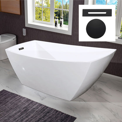 WoodBridge 67" White Acrylic Single Slipper Freestanding Soaking Bathtub With Matte Black Drain, Overflow, F0006MBRD Tub Filler and Caddy Tray