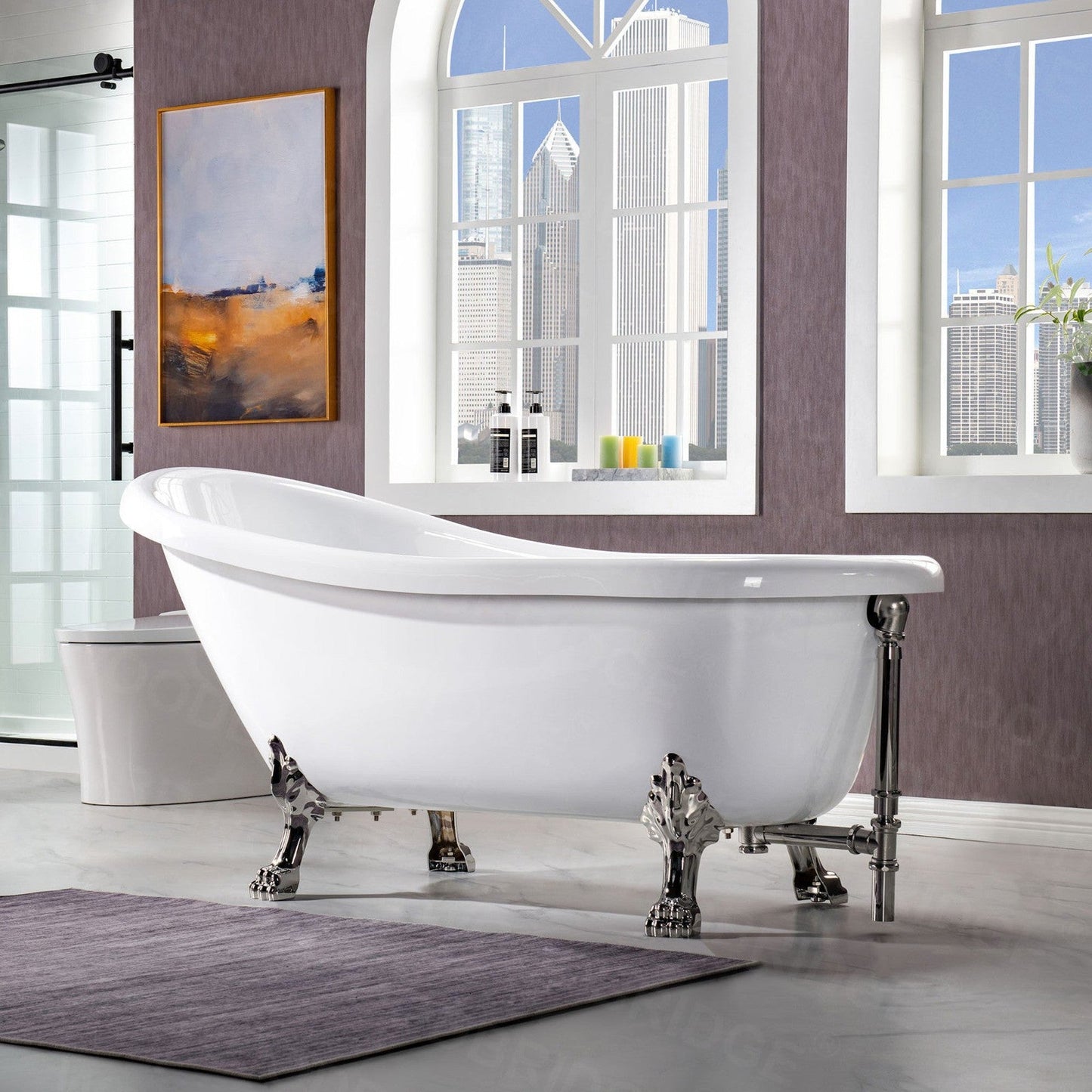 WoodBridge 67" White Acrylic Slipper Clawfoot Bath Tub With Brushed Nickel Feet, Drain, Overflow, F0070BNVT Tub Filler and Caddy Tray