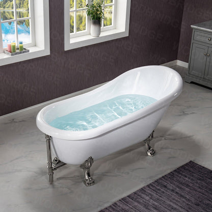 WoodBridge 67" White Acrylic Slipper Clawfoot Bath Tub With Brushed Nickel Feet, Drain, Overflow, F0070BNVT Tub Filler and Caddy Tray