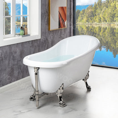 WoodBridge 67" White Acrylic Slipper Clawfoot Bath Tub With Brushed Nickel Feet, Drain, Overflow, F0070BNVT Tub Filler and Caddy Tray