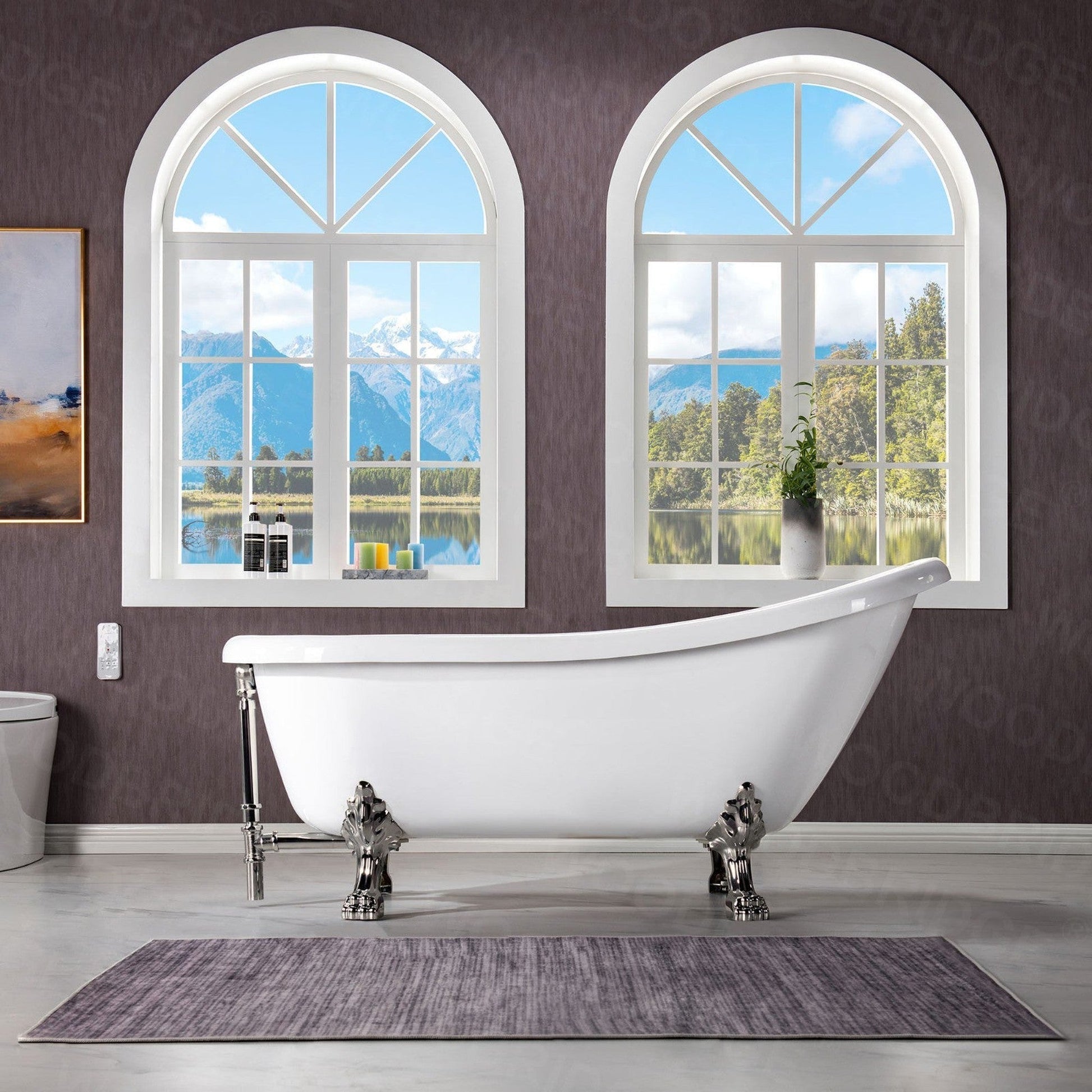 WoodBridge 67" White Acrylic Slipper Clawfoot Bath Tub With Brushed Nickel Feet, Drain, Overflow, F0070BNVT Tub Filler and Caddy Tray