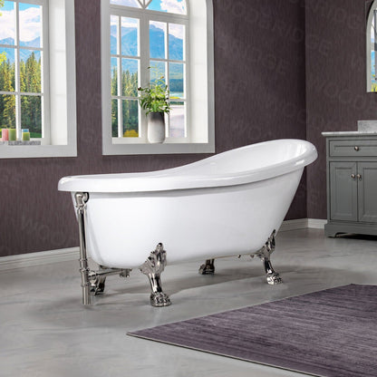 WoodBridge 67" White Acrylic Slipper Clawfoot Bath Tub With Brushed Nickel Feet, Drain, Overflow, F0070BNVT Tub Filler and Caddy Tray