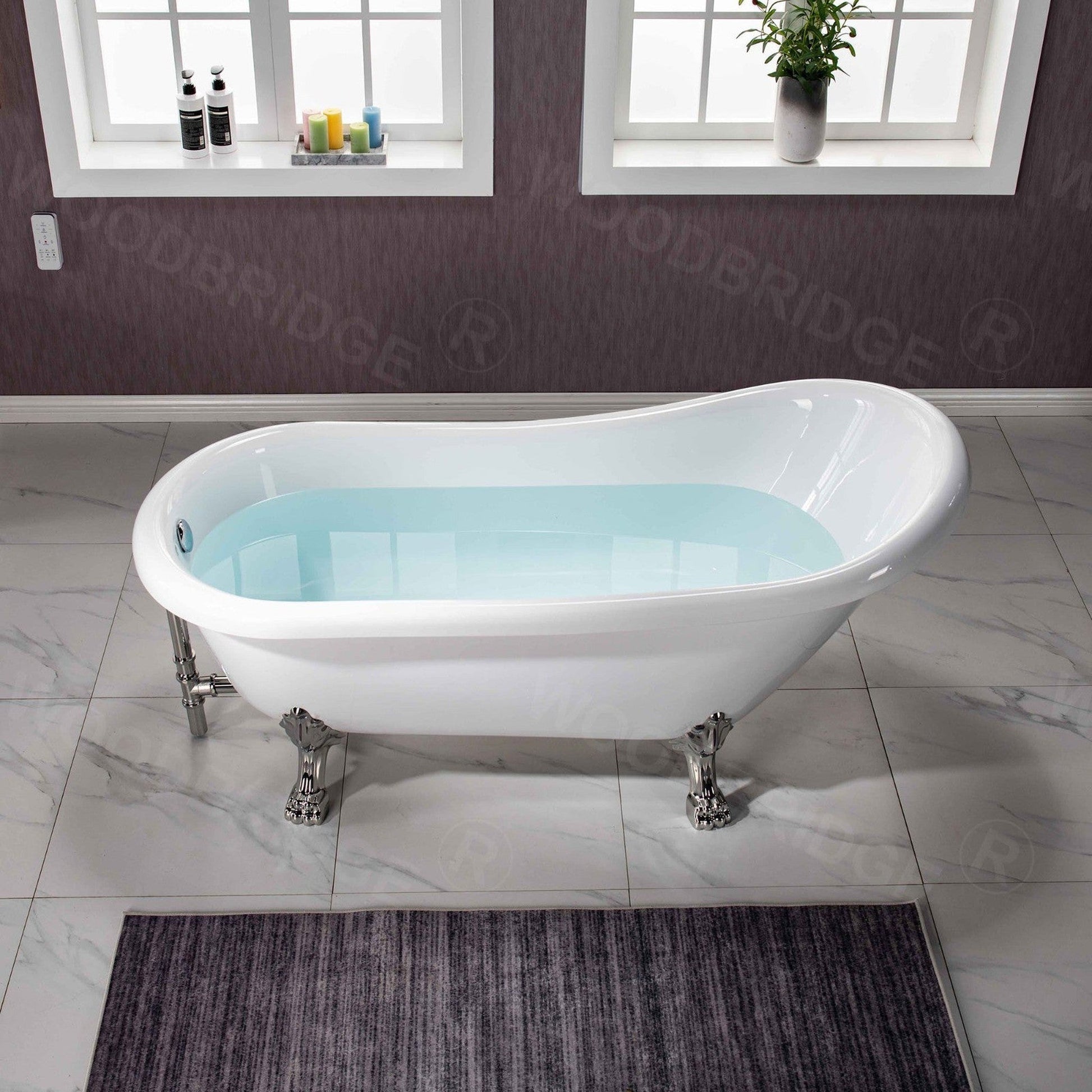 WoodBridge 67" White Acrylic Slipper Clawfoot Bath Tub With Brushed Nickel Feet, Drain, Overflow, F0070BNVT Tub Filler and Caddy Tray