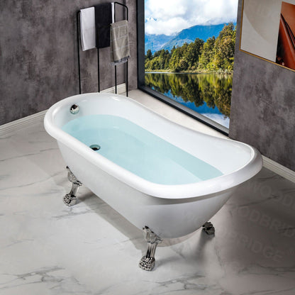 WoodBridge 67" White Acrylic Slipper Clawfoot Bath Tub With Brushed Nickel Feet, Drain, Overflow, F0070BNVT Tub Filler and Caddy Tray