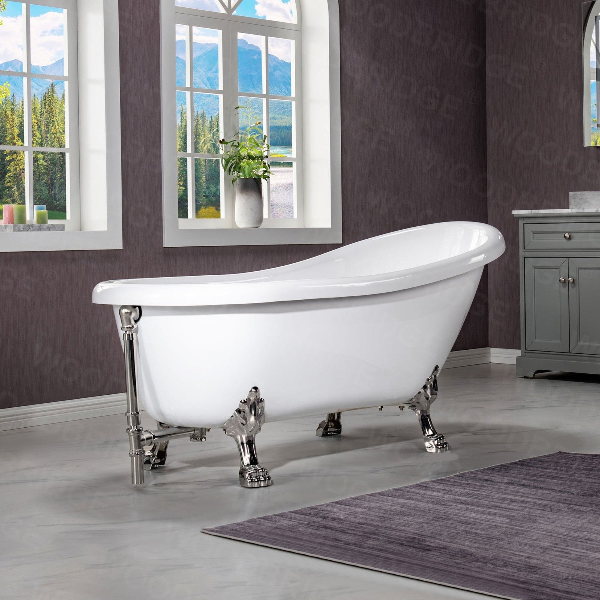 WoodBridge 67" White Acrylic Slipper Clawfoot Bath Tub With Brushed Nickel Feet, Drain and Overflow