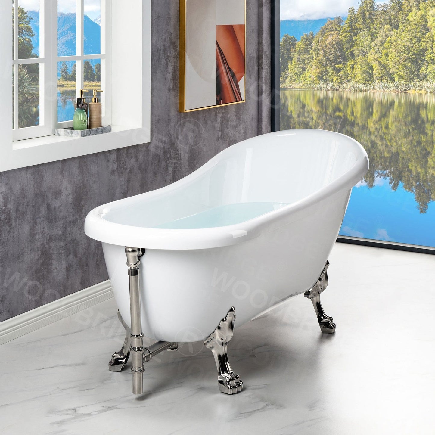 WoodBridge 67" White Acrylic Slipper Clawfoot Bath Tub With Brushed Nickel Feet, Drain and Overflow