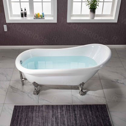 WoodBridge 67" White Acrylic Slipper Clawfoot Bath Tub With Brushed Nickel Feet, Drain and Overflow