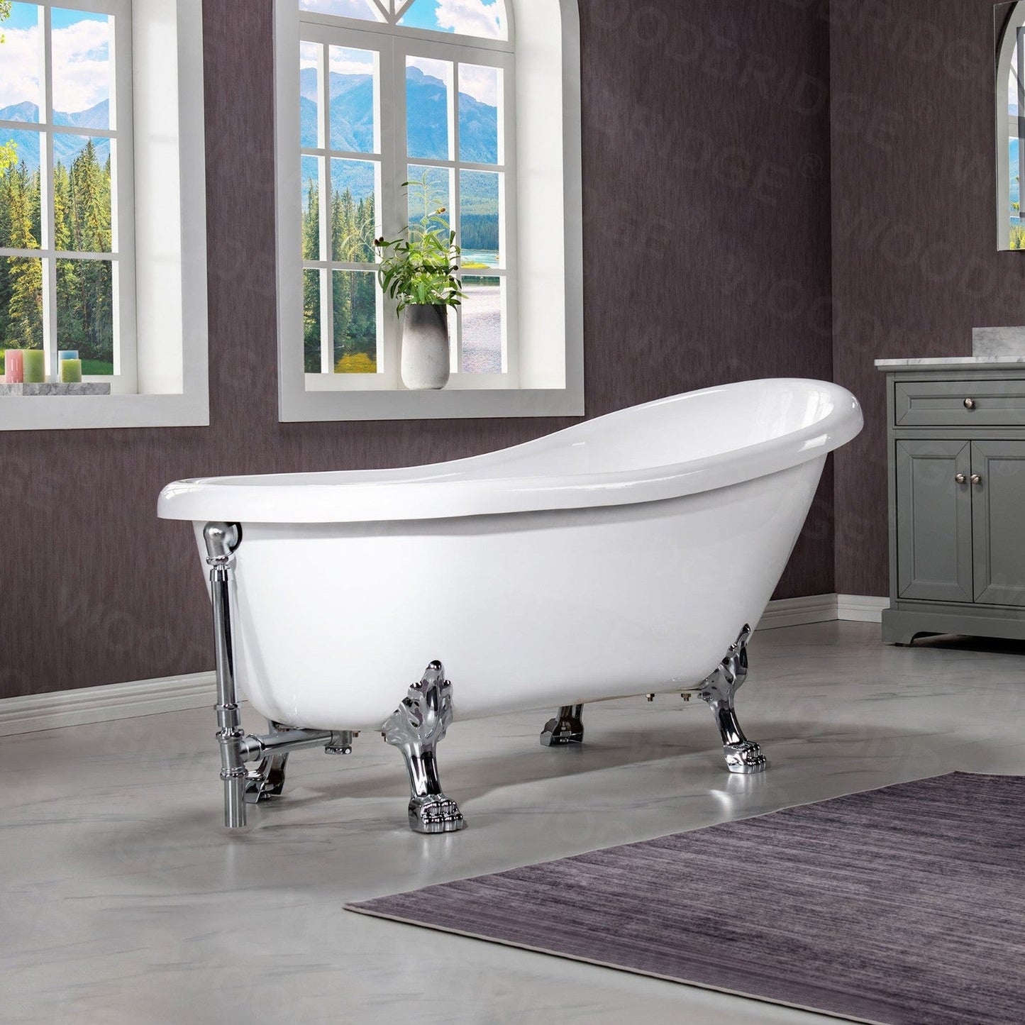 WoodBridge 67" White Acrylic Slipper Clawfoot Bath Tub With Chrome Feet, Drain, Overflow, F0071CHVT Tub Filler and Caddy Tray