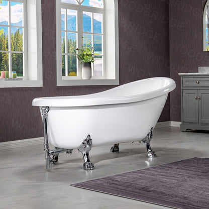 WoodBridge 67" White Acrylic Slipper Clawfoot Bath Tub With Chrome Feet, Drain, Overflow, F0071CHVT Tub Filler and Caddy Tray