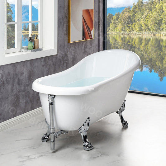 WoodBridge 67" White Acrylic Slipper Clawfoot Bath Tub With Chrome Feet, Drain, Overflow, F0071CHVT Tub Filler and Caddy Tray