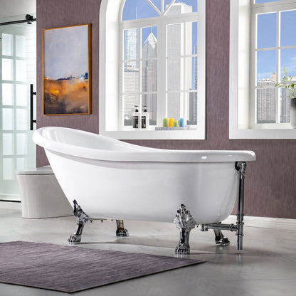 WoodBridge 67" White Acrylic Slipper Clawfoot Bath Tub With Chrome Feet, Drain and Overflow