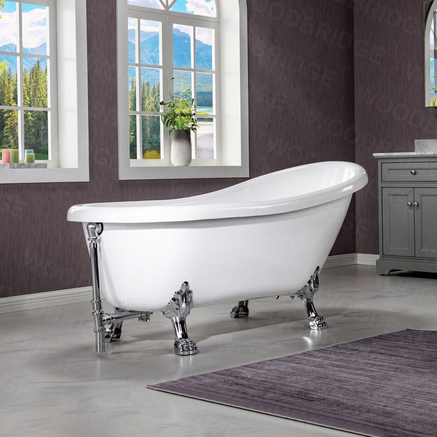 WoodBridge 67" White Acrylic Slipper Clawfoot Bath Tub With Chrome Feet, Drain and Overflow