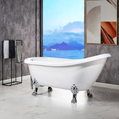 WoodBridge 67" White Acrylic Slipper Clawfoot Bath Tub With Chrome Feet, Drain and Overflow