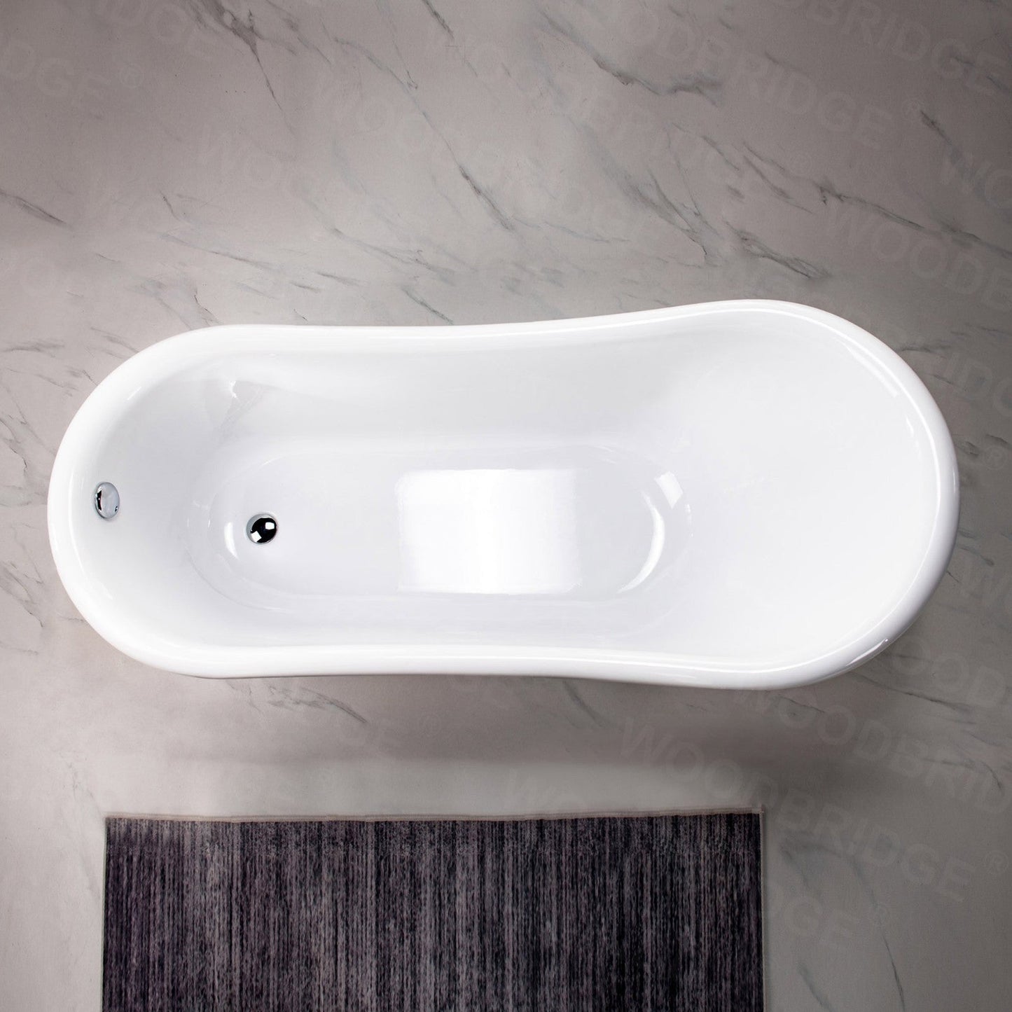 WoodBridge 67" White Acrylic Slipper Clawfoot Bath Tub With Chrome Feet, Drain and Overflow