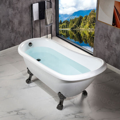 WoodBridge 67" White Acrylic Slipper Clawfoot Bath Tub With Matte Black Feet, Drain, Overflow, F0072MBVT Tub Filler and Caddy Tray