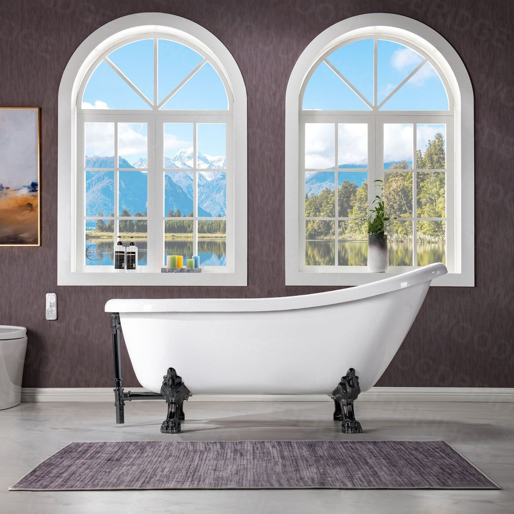 WoodBridge 67" White Acrylic Slipper Clawfoot Bath Tub With Matte Black Feet, Drain, Overflow, F0072MBVT Tub Filler and Caddy Tray