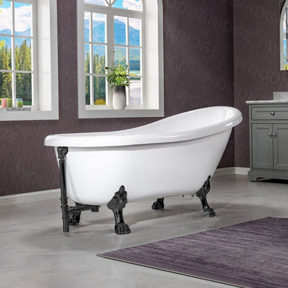 WoodBridge 67" White Acrylic Slipper Clawfoot Bath Tub With Matte Black Feet, Drain, Overflow, F0072MBVT Tub Filler and Caddy Tray