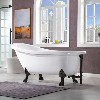 WoodBridge 67" White Acrylic Slipper Clawfoot Bath Tub With Matte Black Feet, Drain, Overflow, F0072MBVT Tub Filler and Caddy Tray