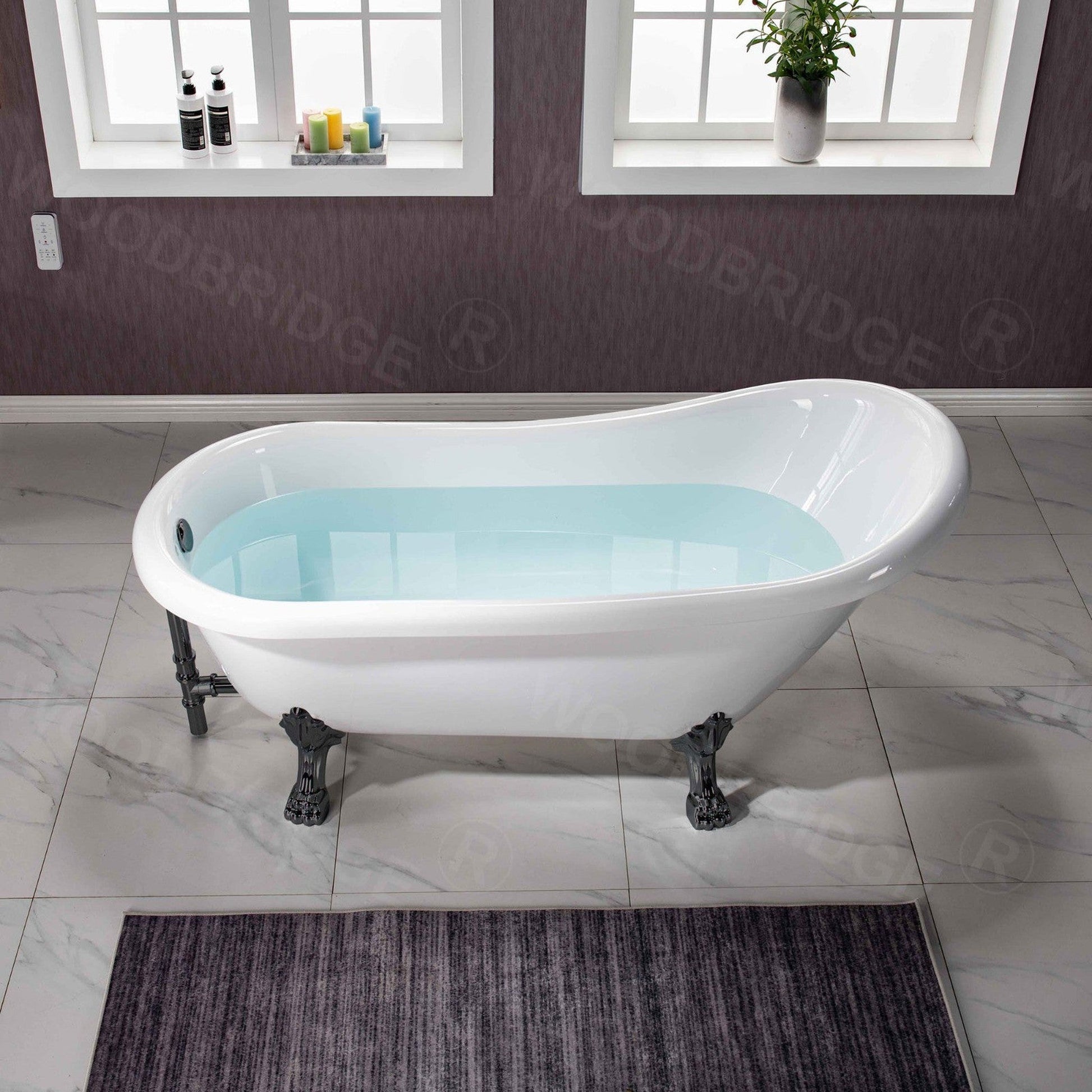 WoodBridge 67" White Acrylic Slipper Clawfoot Bath Tub With Matte Black Feet, Drain, Overflow, F0072MBVT Tub Filler and Caddy Tray