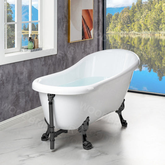 WoodBridge 67" White Acrylic Slipper Clawfoot Bath Tub With Matte Black Feet, Drain, Overflow, F0072MBVT Tub Filler and Caddy Tray