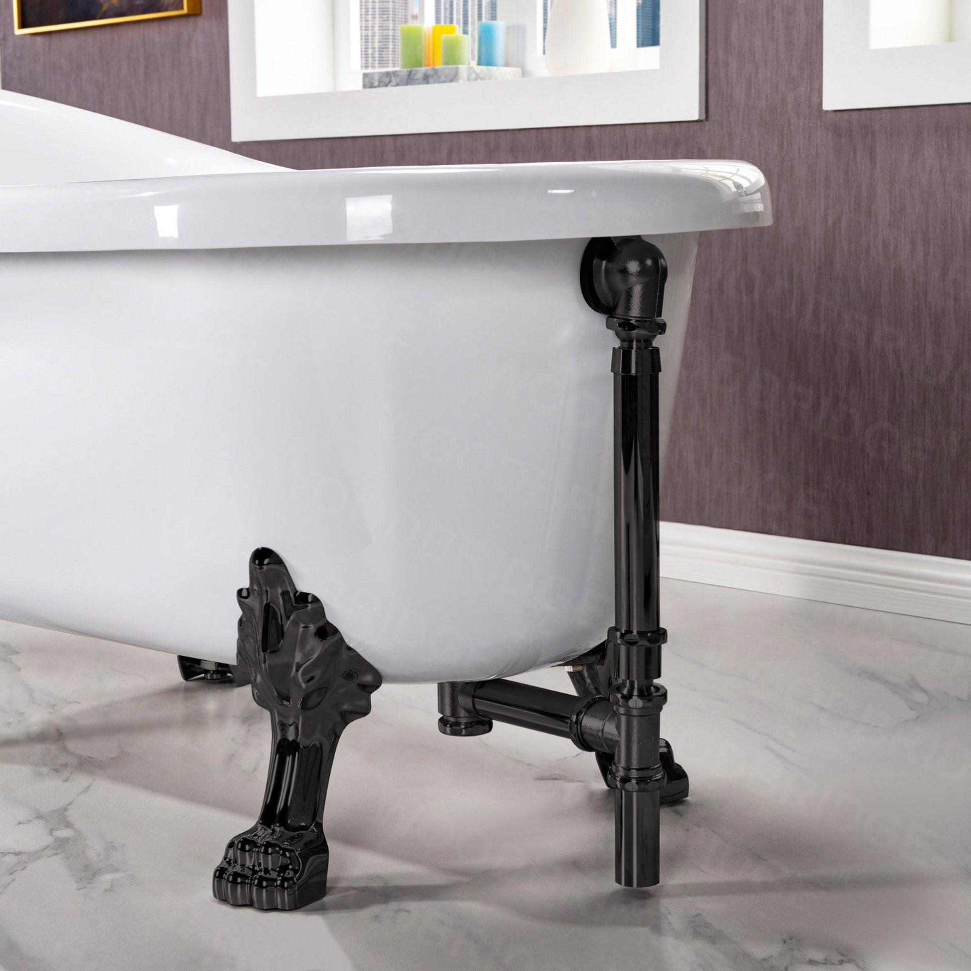 WoodBridge 67" White Acrylic Slipper Clawfoot Bath Tub With Matte Black Feet, Drain and Overflow