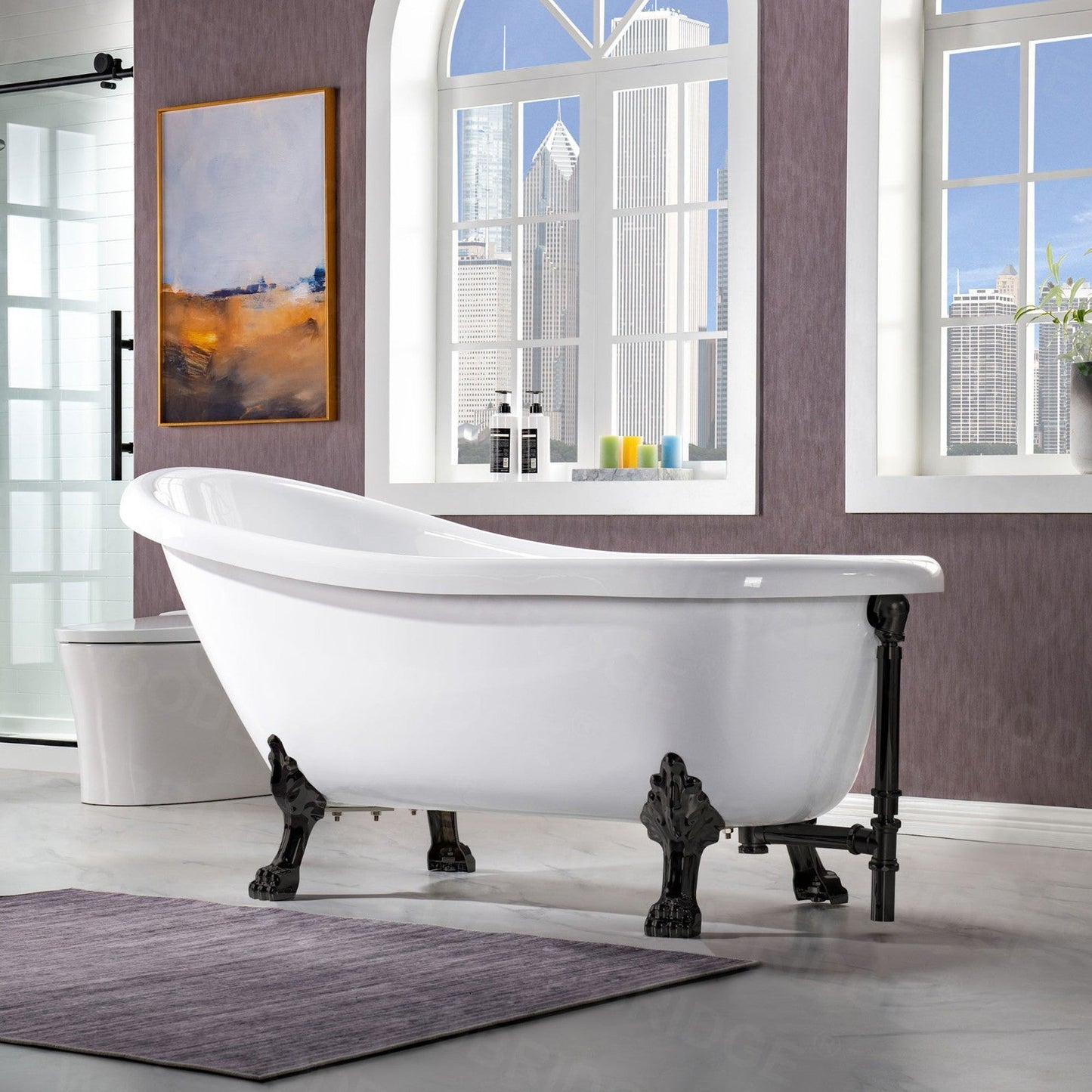 WoodBridge 67" White Acrylic Slipper Clawfoot Bath Tub With Matte Black Feet, Drain and Overflow