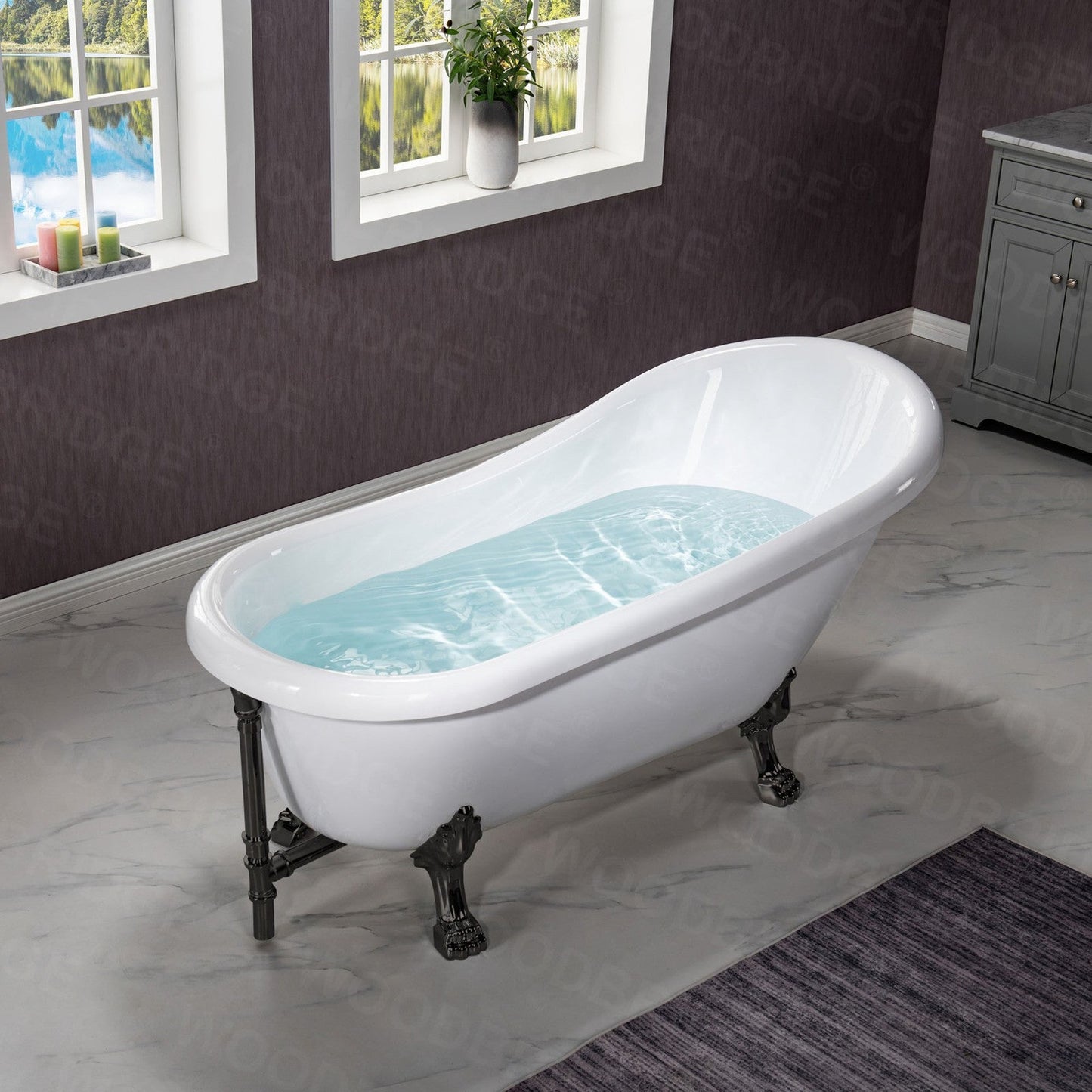 WoodBridge 67" White Acrylic Slipper Clawfoot Bath Tub With Matte Black Feet, Drain and Overflow