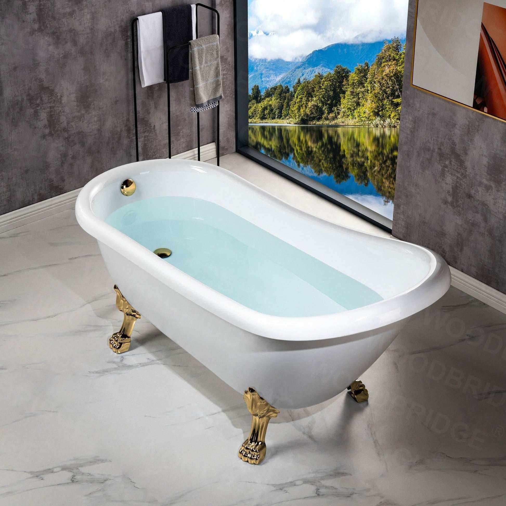 WoodBridge 67" White Acrylic Slipper Clawfoot Bath Tub With Polished Gold Feet, Drain, Overflow, F-0019PG Tub Filler and Caddy Tray