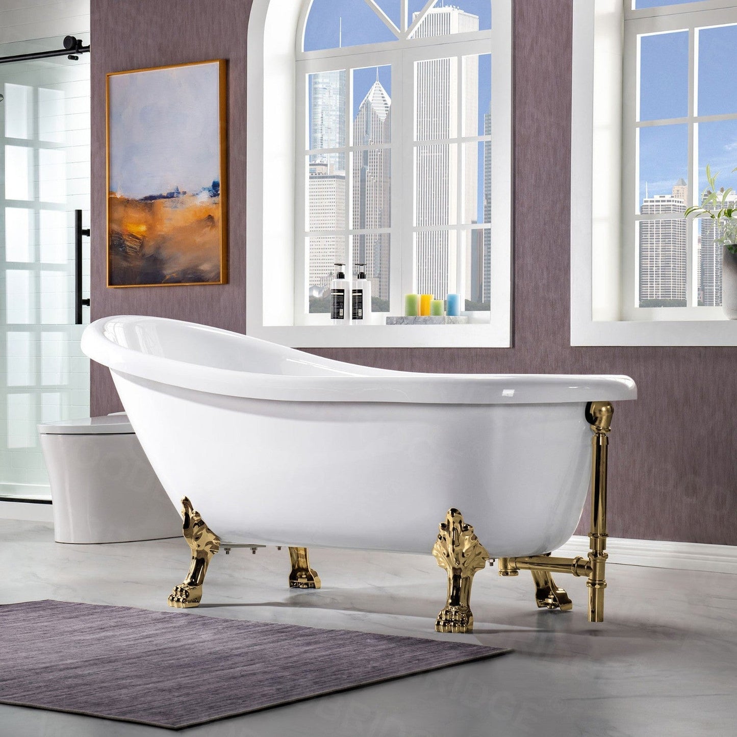 WoodBridge 67" White Acrylic Slipper Clawfoot Bath Tub With Polished Gold Feet, Drain, Overflow, F-0019PG Tub Filler and Caddy Tray