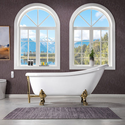 WoodBridge 67" White Acrylic Slipper Clawfoot Bath Tub With Polished Gold Feet, Drain, Overflow, F-0019PG Tub Filler and Caddy Tray