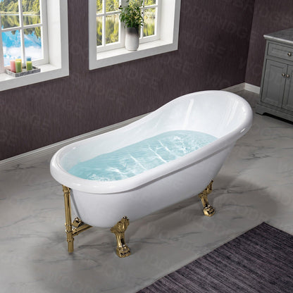 WoodBridge 67" White Acrylic Slipper Clawfoot Bath Tub With Polished Gold Feet, Drain, Overflow, F-0019PG Tub Filler and Caddy Tray