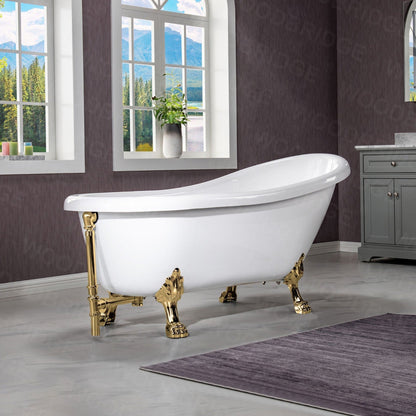 WoodBridge 67" White Acrylic Slipper Clawfoot Bath Tub With Polished Gold Feet, Drain, Overflow, F-0019PG Tub Filler and Caddy Tray