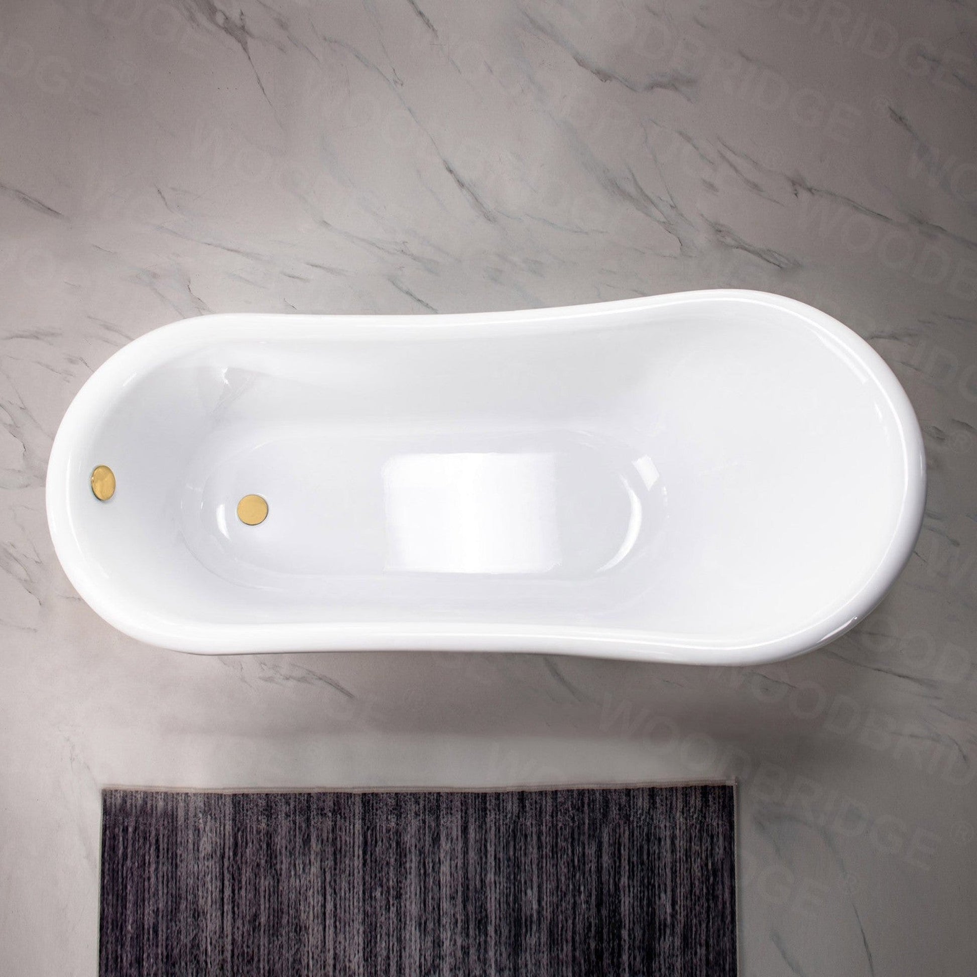 WoodBridge 67" White Acrylic Slipper Clawfoot Bath Tub With Polished Gold Feet, Drain, Overflow, F-0019PG Tub Filler and Caddy Tray