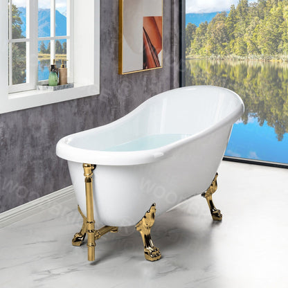 WoodBridge 67" White Acrylic Slipper Clawfoot Bath Tub With Polished Gold Feet, Drain, Overflow, F-0019PG Tub Filler and Caddy Tray