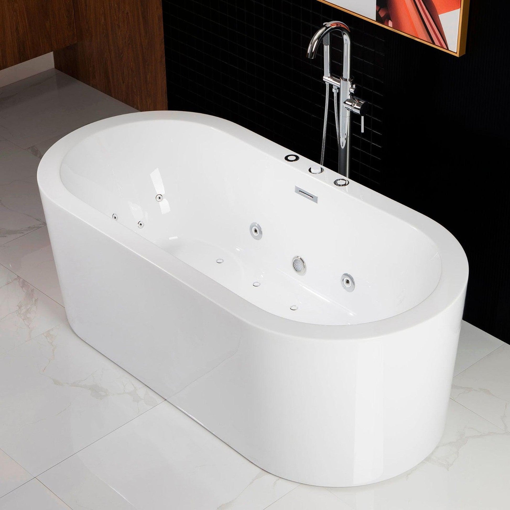 WoodBridge 67" x 32" White Whirlpool Water Jetted and Air Bubble Freestanding Bathtub