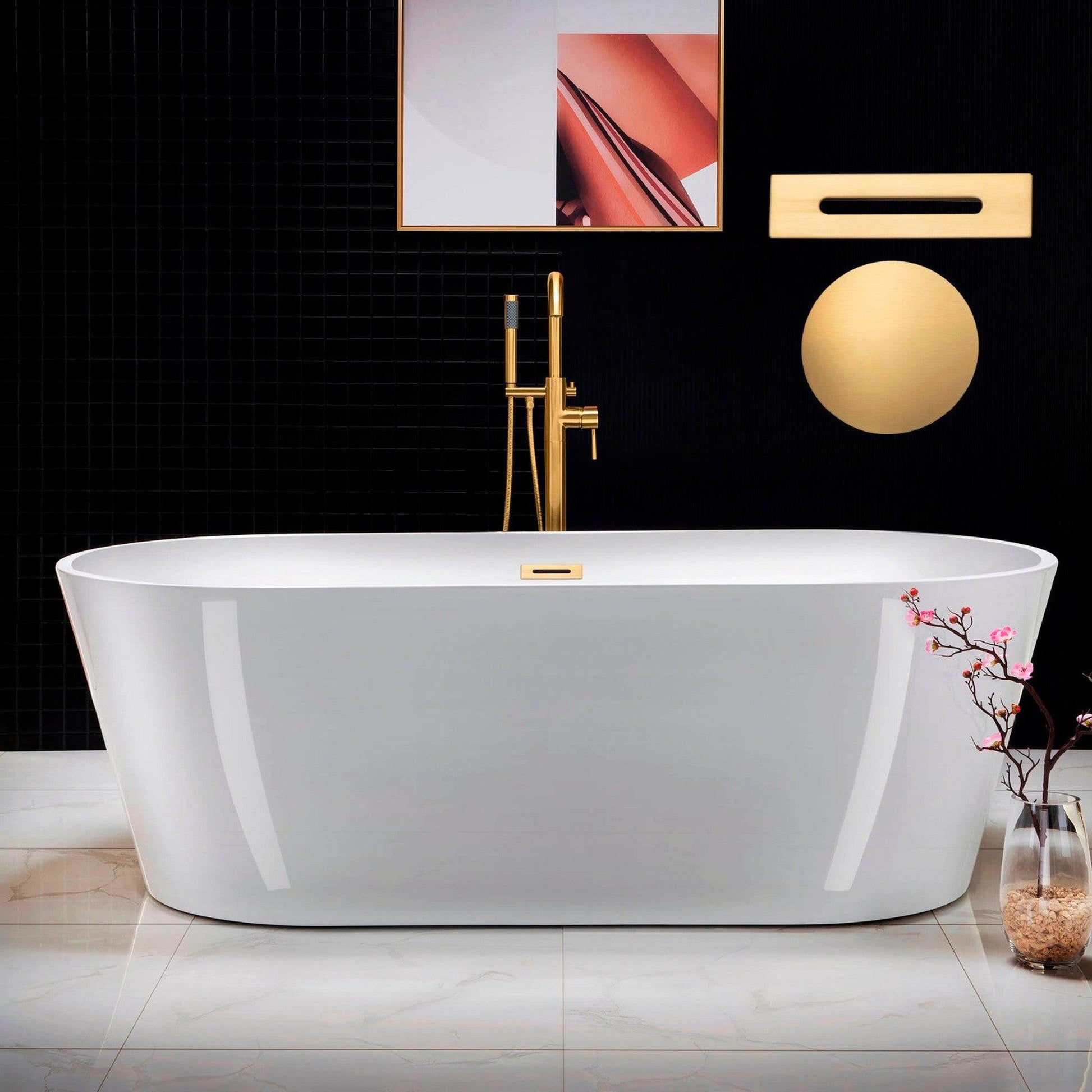 WoodBridge 71" White Acrylic Freestanding Contemporary Soaking Bathtub With Brushed Gold Drain and Overflow