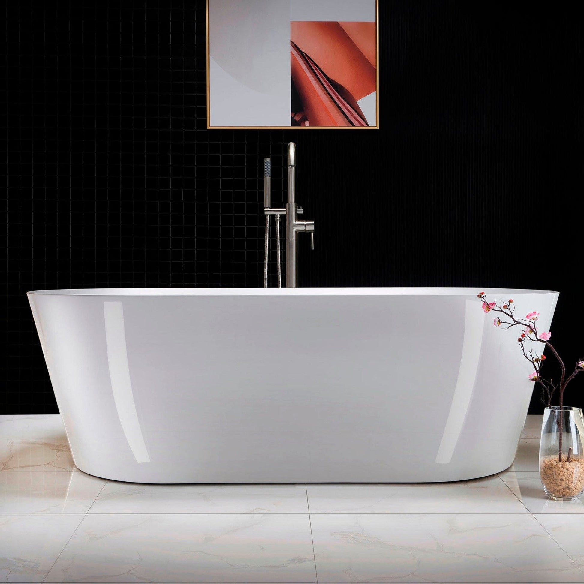 WoodBridge 71" White Acrylic Freestanding Contemporary Soaking Bathtub With Brushed Nickel Drain, Overflow, F-0014 Tub Filler and Caddy Tray