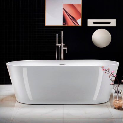 WoodBridge 71" White Acrylic Freestanding Contemporary Soaking Bathtub With Brushed Nickel Drain, Overflow, F-0014 Tub Filler and Caddy Tray