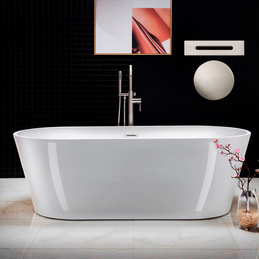 WoodBridge 71" White Acrylic Freestanding Contemporary Soaking Bathtub With Brushed Nickel Drain, Overflow, F-0014 Tub Filler and Caddy Tray