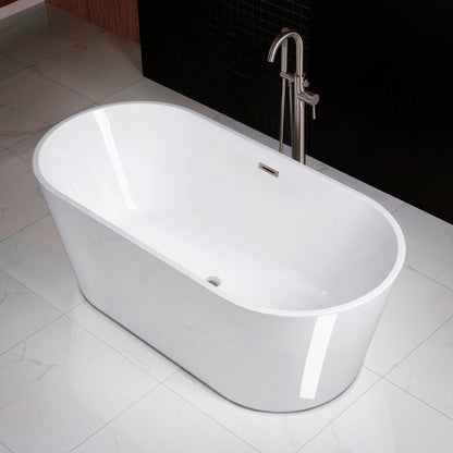 WoodBridge 71" White Acrylic Freestanding Contemporary Soaking Bathtub With Brushed Nickel Drain, Overflow, F-0018BN Tub Filler and Caddy Tray