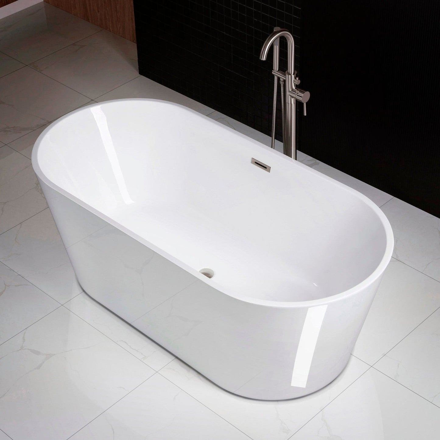 WoodBridge 71" White Acrylic Freestanding Contemporary Soaking Bathtub With Brushed Nickel Drain, Overflow, F0001BNSQ Tub Filler and Caddy Tray