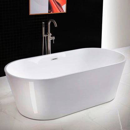 WoodBridge 71" White Acrylic Freestanding Contemporary Soaking Bathtub With Brushed Nickel Drain, Overflow, F0023BNVT Tub Filler and Caddy Tray