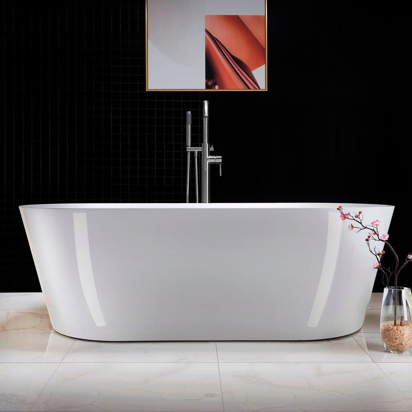 WoodBridge 71" White Acrylic Freestanding Contemporary Soaking Bathtub With Chrome Drain, Overflow, F-0004 Tub Filler and Caddy Tray