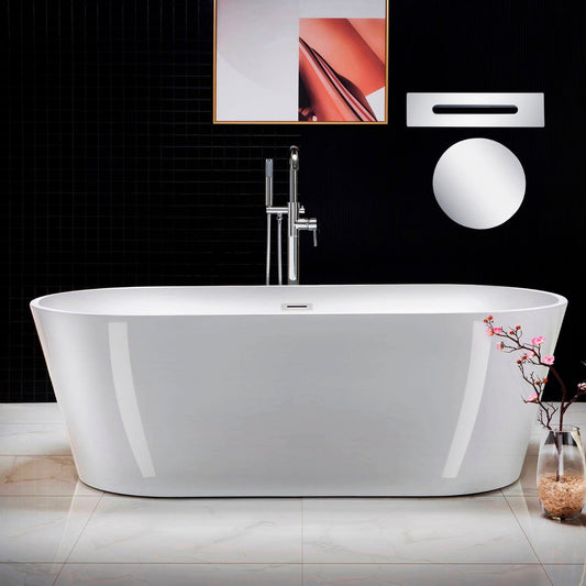 WoodBridge 71" White Acrylic Freestanding Contemporary Soaking Bathtub With Chrome Drain, Overflow, F-0004 Tub Filler and Caddy Tray