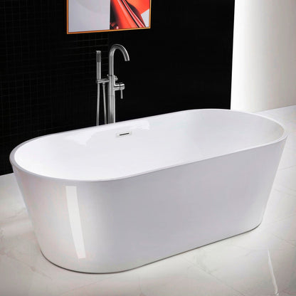 WoodBridge 71" White Acrylic Freestanding Contemporary Soaking Bathtub With Chrome Drain, Overflow, F0024CHSQ Tub Filler and Caddy Tray