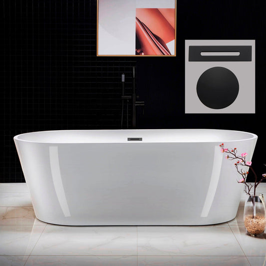 WoodBridge 71" White Acrylic Freestanding Contemporary Soaking Bathtub With Matte Black Drain, Overflow, F-0015 Tub Filler and Caddy Tray