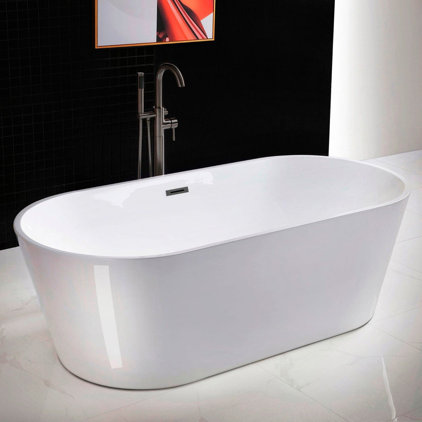 WoodBridge 71" White Acrylic Freestanding Contemporary Soaking Bathtub With Matte Black Drain, Overflow, F0006MBRD Tub Filler and Caddy Tray