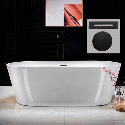 WoodBridge 71" White Acrylic Freestanding Contemporary Soaking Bathtub With Matte Black Drain, Overflow, F0006MBSQ Tub Filler and Caddy Tray