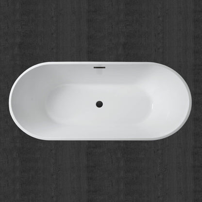 WoodBridge 71" White Acrylic Freestanding Contemporary Soaking Bathtub With Matte Black Drain, Overflow, F0009 Tub Filler and Caddy Tray